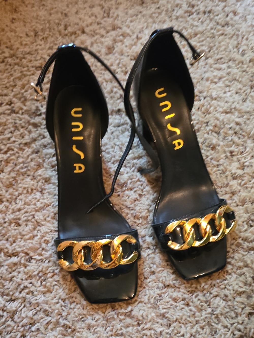 Unisa Black Heeled Sandals with Gold Chain Accent